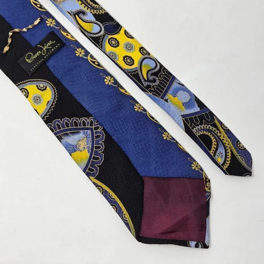 POWER LINE ELECTRIC NECKWEAR SILK TIE BLUE YELLOW PAISLEY VIBRANT SATIN 3.75